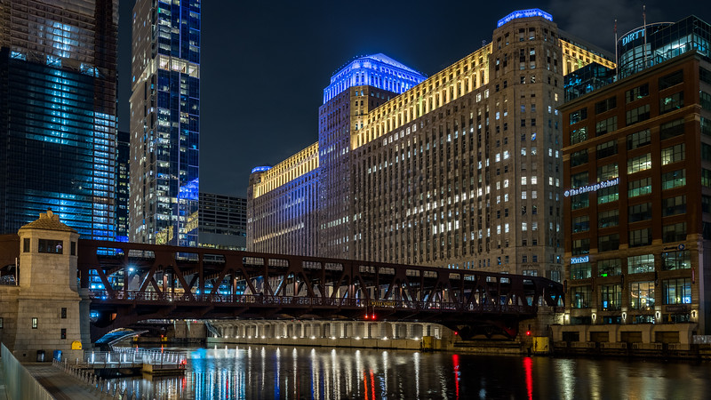 A stunning night image of TheMart from the Chicago River 